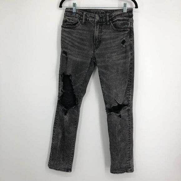 AMERICAN EAGLE Next Level Flex Stretch Ripped Knee Slim Leg Jeans Black Wash - Picture 1 of 9